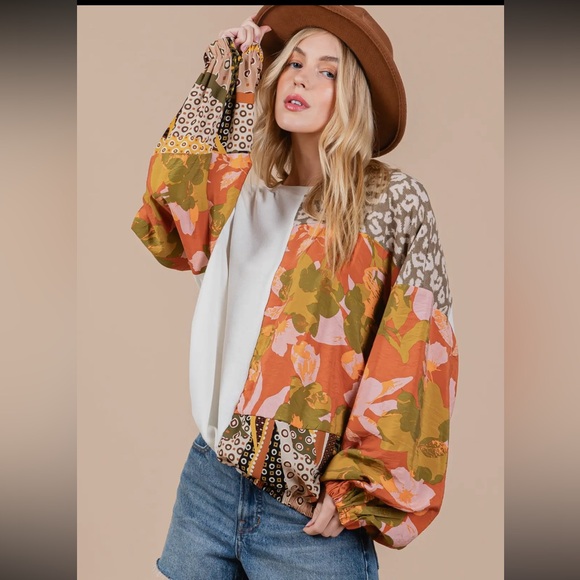 Boho Animal and Floral Print Long Sleeve Top - Picture 2 of 5